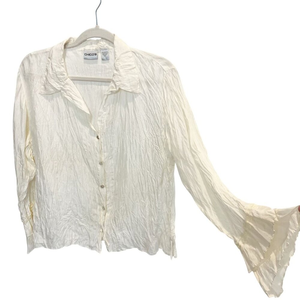 Vintage Ivory Crinkled Silk Blouse Bell Sleeve Boho Fairy‎ Cottage Chicos 1 MED